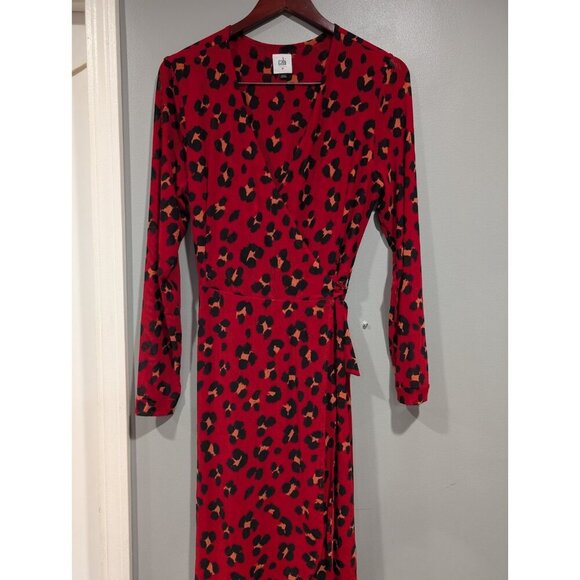 Cabi Siren Wrap Dress Womens Sz M Red Black Leopard Print Layered Business - Picture 2 of 16